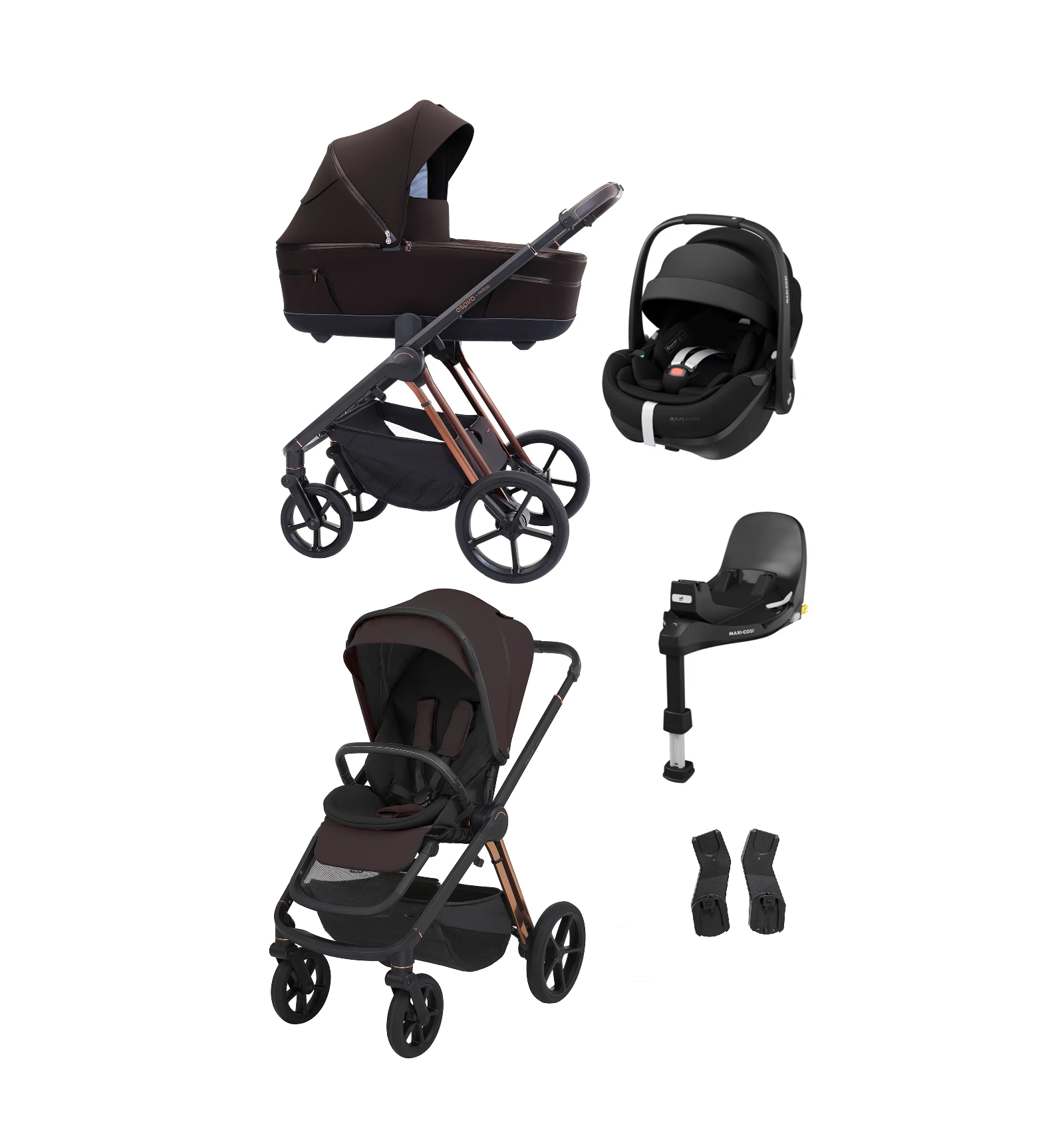 Zestaw 4w1 | wózek wielofunkcyjny Espiro Miloo 208 Excellent Chocolate | Maxi Cosi Pebble 360 Pro 2 | baza obrotowa – wyswana |